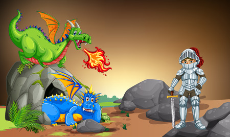 Knight with two dragons in the cave illustrationのイラスト素材