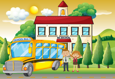 Teachers and school bus at the school illustrationのイラスト素材