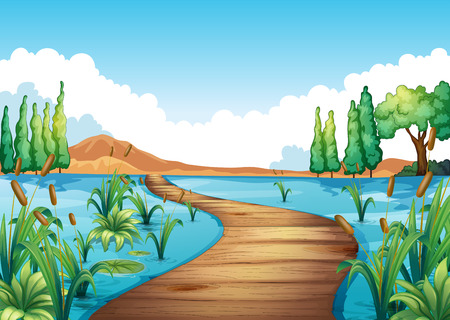 Nature scene with bridge across the river illustrationのイラスト素材
