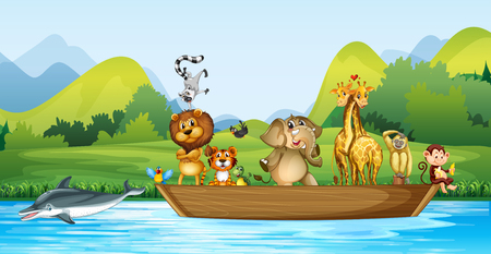 Wild animals on the wooden boat illustrationのイラスト素材