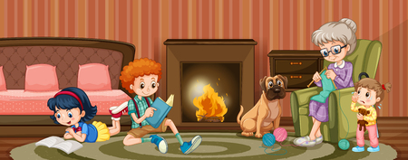 People in family in the living room illustrationのイラスト素材