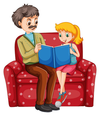 Grandfather and kid reading book together illustrationのイラスト素材