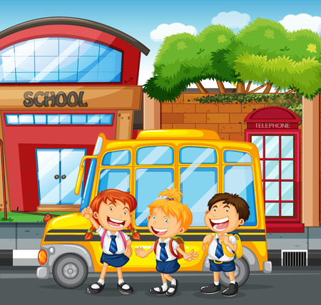 Students and school bus at the school illustrationのイラスト素材
