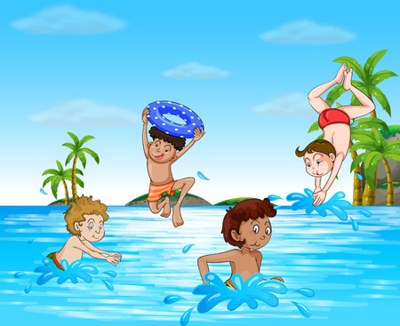 Boys swimming and diving in the sea illustrationのイラスト素材