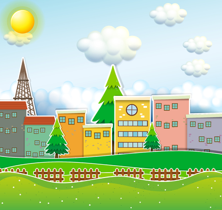 Scene of town with buildings and park illustrationのイラスト素材