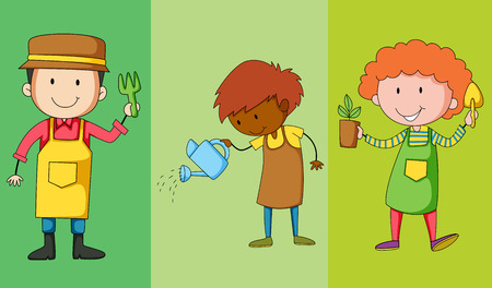 Three gardeners and their tools illustrationのイラスト素材