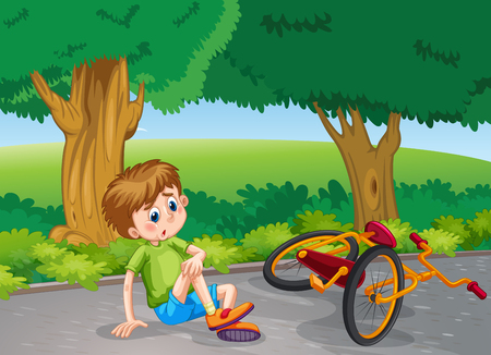 Boy falling down from bike in the park illustrationのイラスト素材