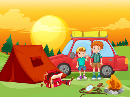 Boys camping out in the field illustrationのイラスト素材