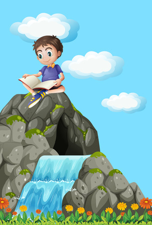 Boy reading book on the rock illustrationのイラスト素材