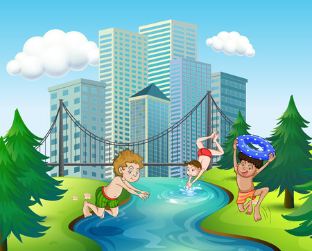Three boys diving in the river illustrationのイラスト素材