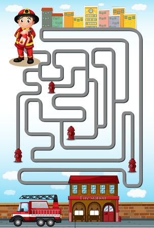Maze game with fire fighter and station illustrationのイラスト素材