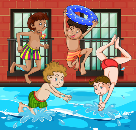 Boys diving and swimming in the pool illustrationのイラスト素材