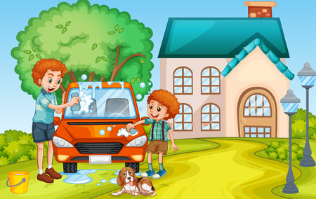 Dad and son washing car at home illustrationのイラスト素材