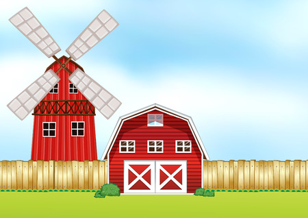 Farm scene with windmill and barn illustrationのイラスト素材