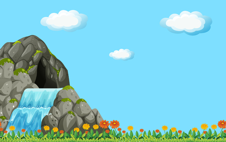 Scene with waterfall and field illustrationのイラスト素材