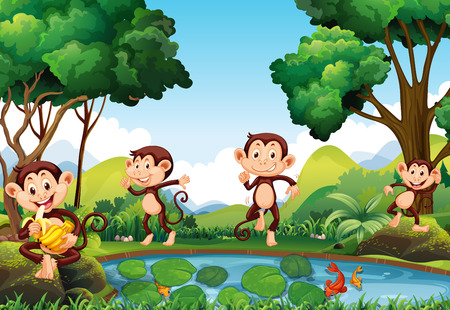 Four monkeys by the pond illustrationのイラスト素材