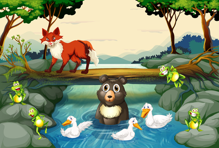 Wild animals by the river illustrationのイラスト素材