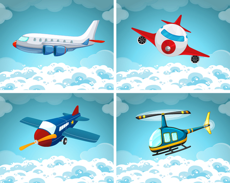 Four scenes of airplane flying in the sky illustrationのイラスト素材