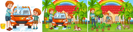 Three scenes of father and son doing chore illustrationのイラスト素材