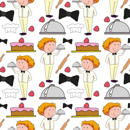 Seamless background  with waiter serving food illustrationのイラスト素材