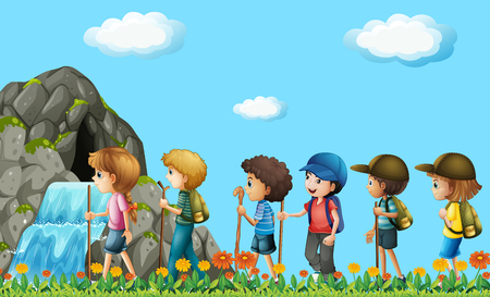 Children hiking in the field illustrationのイラスト素材