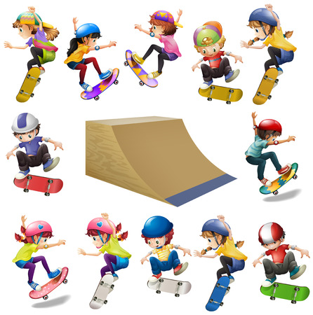 Boys and girls skateboarding on the ramp illustrationのイラスト素材