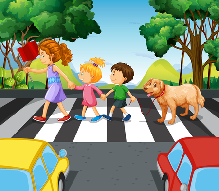 Children and dog crossing the road illustrationのイラスト素材