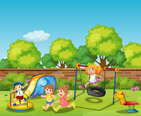 Kids playing in the playground at daytime illustrationのイラスト素材