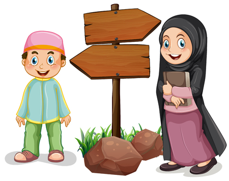 Two muslim kids and wooden signs illustrationのイラスト素材