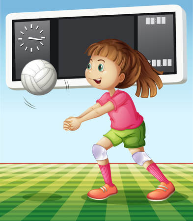 Girl playing volleyball in the field illustrationのイラスト素材