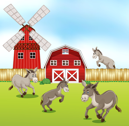 Donkeys in the farmyard illustrationのイラスト素材