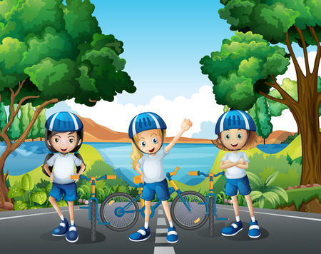 Three girls riding bike on the road illustrationのイラスト素材