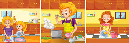 Girl and mom doing activities in the kitchen illustrationのイラスト素材