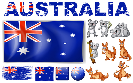 Australia flag in different designs and wild animals illustrationのイラスト素材