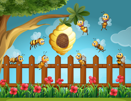 Bees flying around beehive in the garden illustrationのイラスト素材