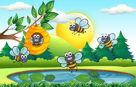 Nature scene with bees and beehive illustrationのイラスト素材