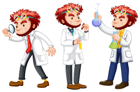Three posts of male scientists in white gown illustrationのイラスト素材