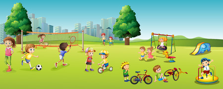 Children playing games and sports in the park illustrationのイラスト素材