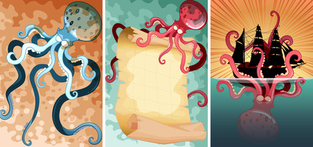 Giant octopus in three different scenes illustrationのイラスト素材