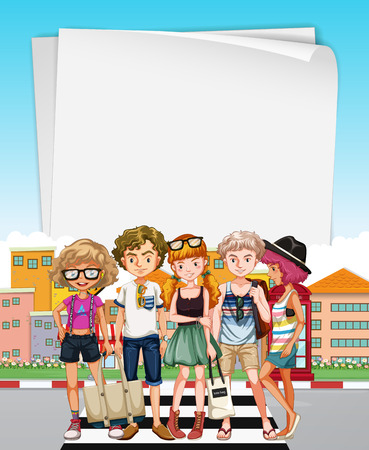 Paper template with teenagers on the street illustrationのイラスト素材