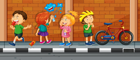 Children hanging out on the street illustrationのイラスト素材