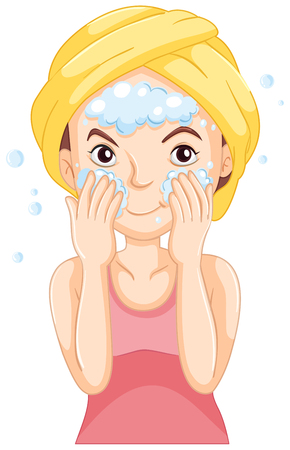 Woman washing face with foam illustrationのイラスト素材
