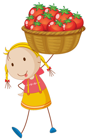 Little girl and basket full of tomatoes illustrationのイラスト素材