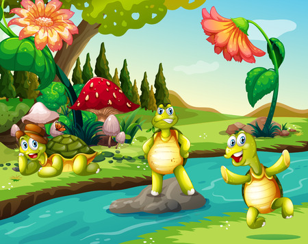 Three turtles at the river illustrationのイラスト素材