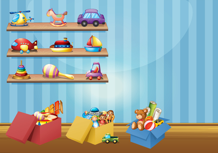 Vektor für Many toys on the shelves and floor illustration - Lizenzfreies Bild