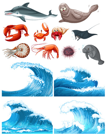 Ocean waves and sea animals  illustrationのイラスト素材