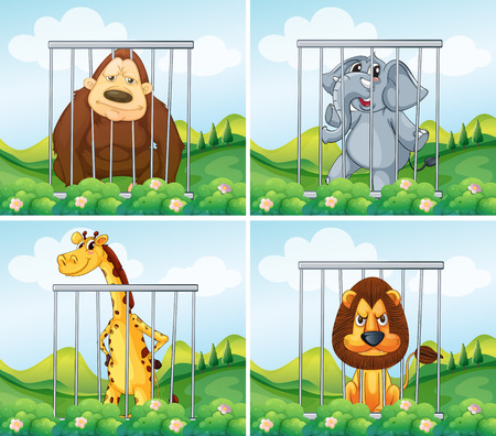 Wild animals in cage illustrationのイラスト素材