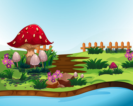 Nature scene with mushroom and river illustrationのイラスト素材