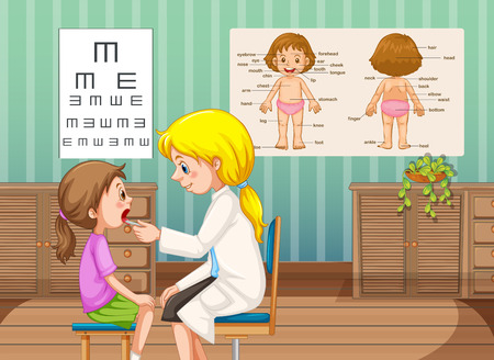Doctor checking up little girl in clinic illustrationのイラスト素材