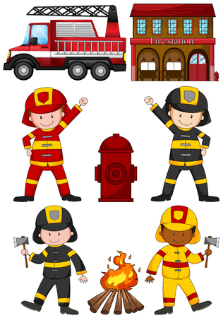 Fire fighters and other equipments illustrationのイラスト素材